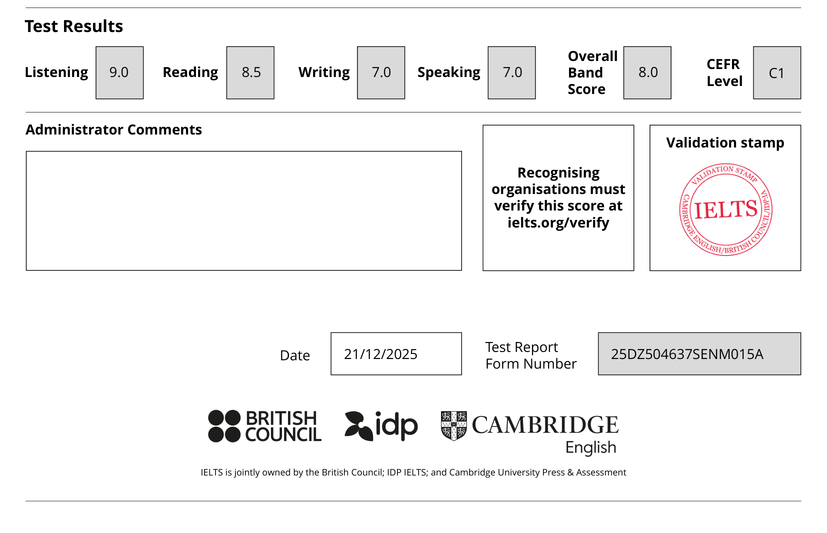 Official IELTS Test Report Form Band 8.0
